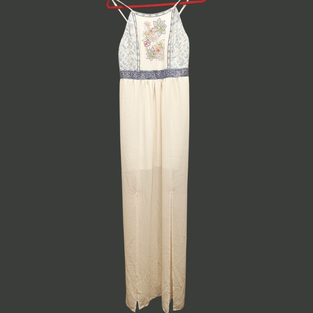 Flying Tomato Chiffon Cream White Blue  Floral Adjustable Straps Maxi Dress M